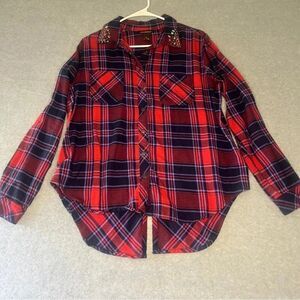 Bit‎ and Bridle Women’s Plaid Button Up Shirt Red Blue Rhinestones Cotton M